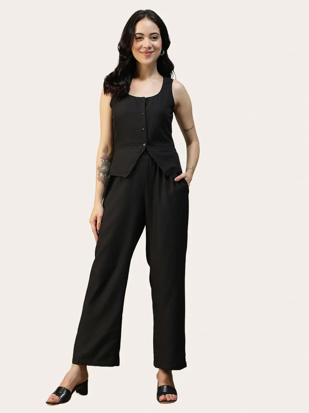 Black Cotton Linen Women Co-Ord Set