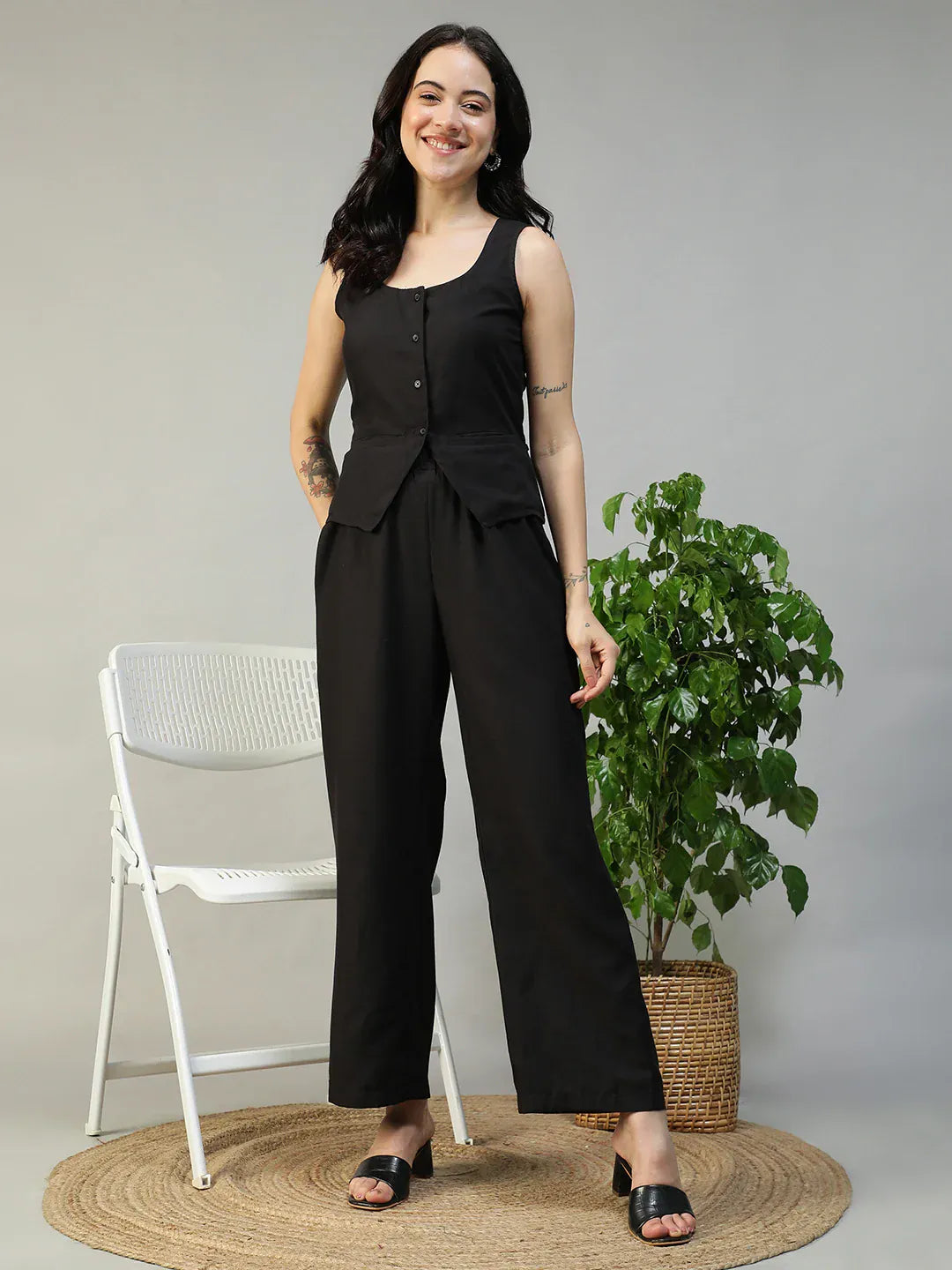 Black Cotton Linen Women Co-Ord Set