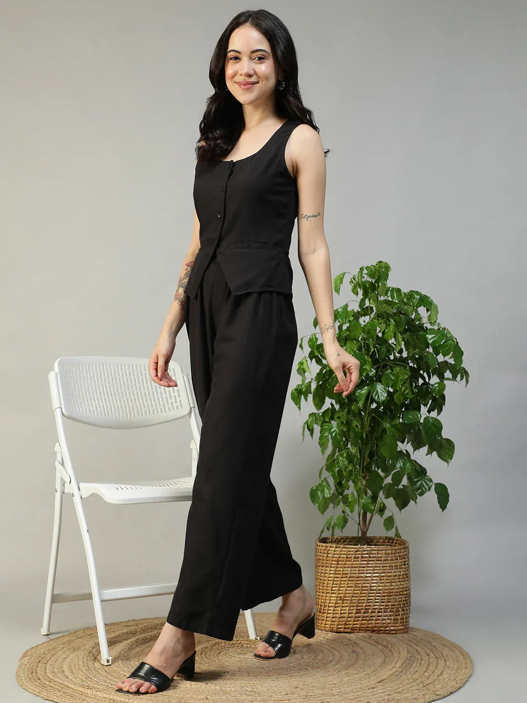 Black Cotton Linen Women Co-Ord Set