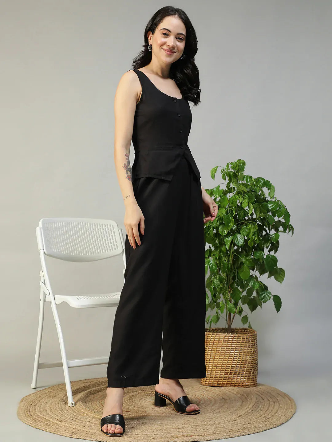 Black Cotton Linen Women Co-Ord Set