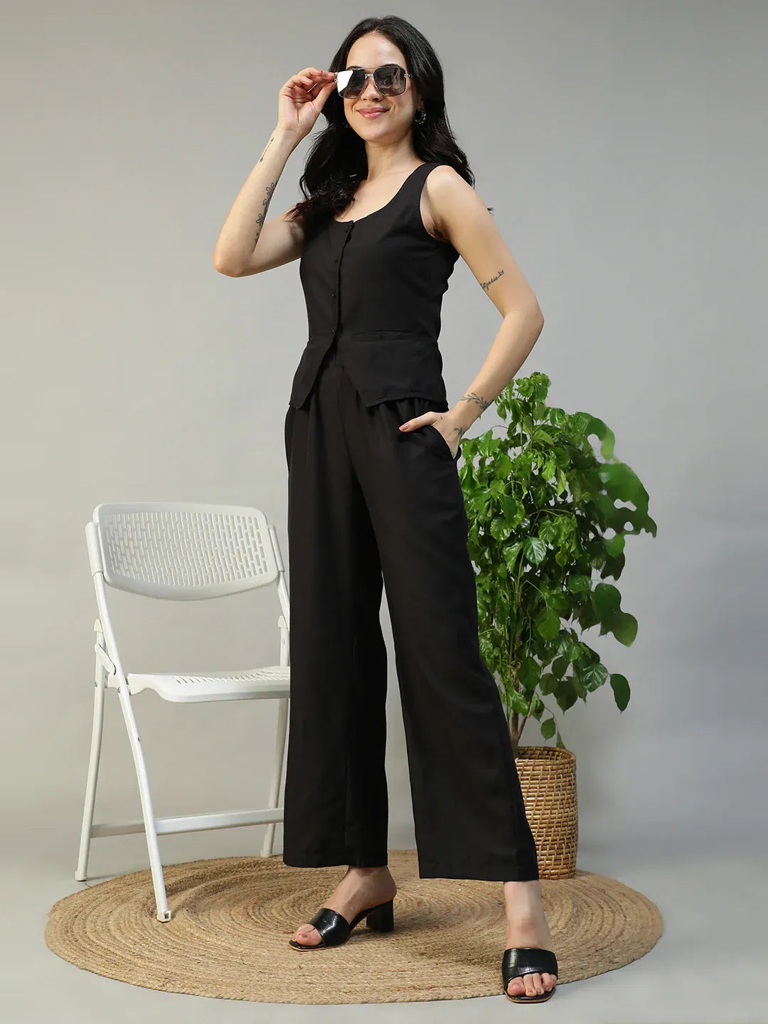 Black Cotton Linen Women Co-Ord Set
