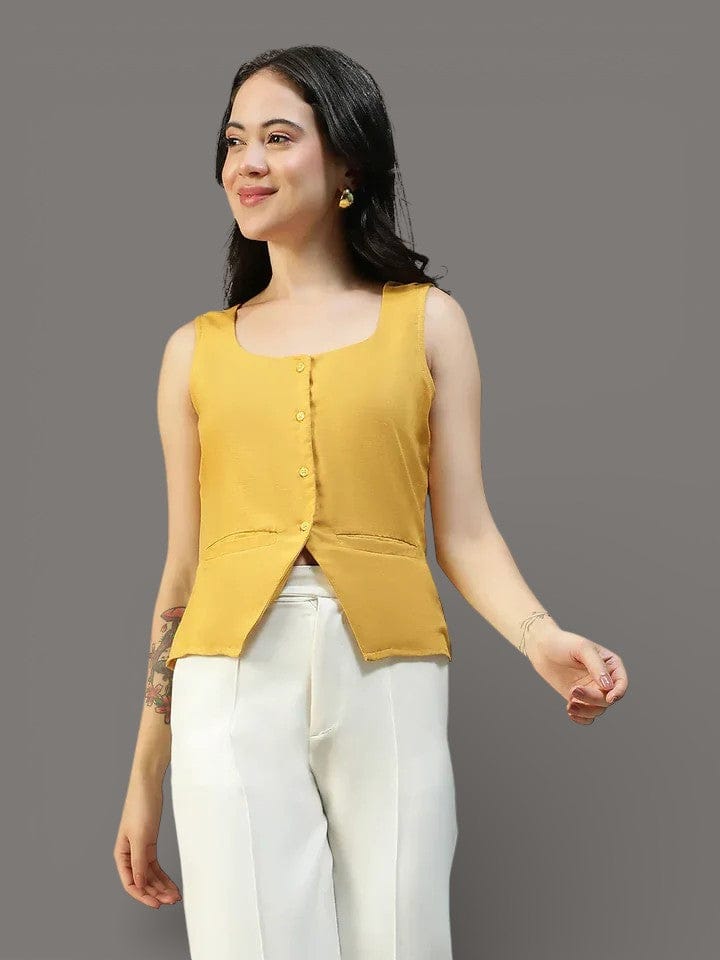 Women Yellow Button Down Sleeveless Top With Back Tie-Up Belt