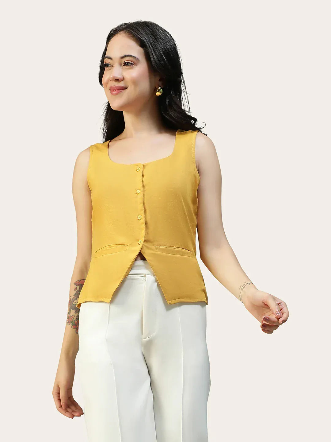 Women Yellow Button Down Sleeveless Top With Back Tie-Up Belt