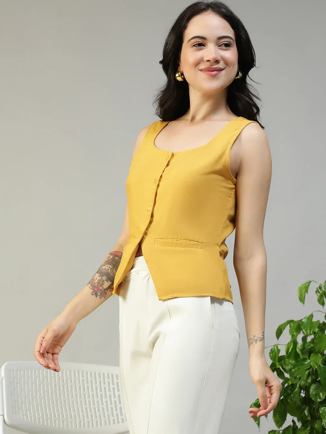 Women Yellow Button Down Sleeveless Top With Back Tie-Up Belt