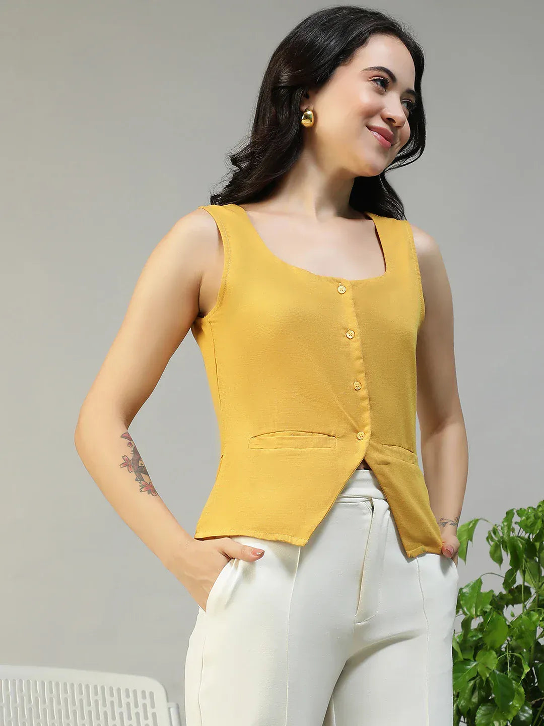 Women Yellow Button Down Sleeveless Top With Back Tie-Up Belt