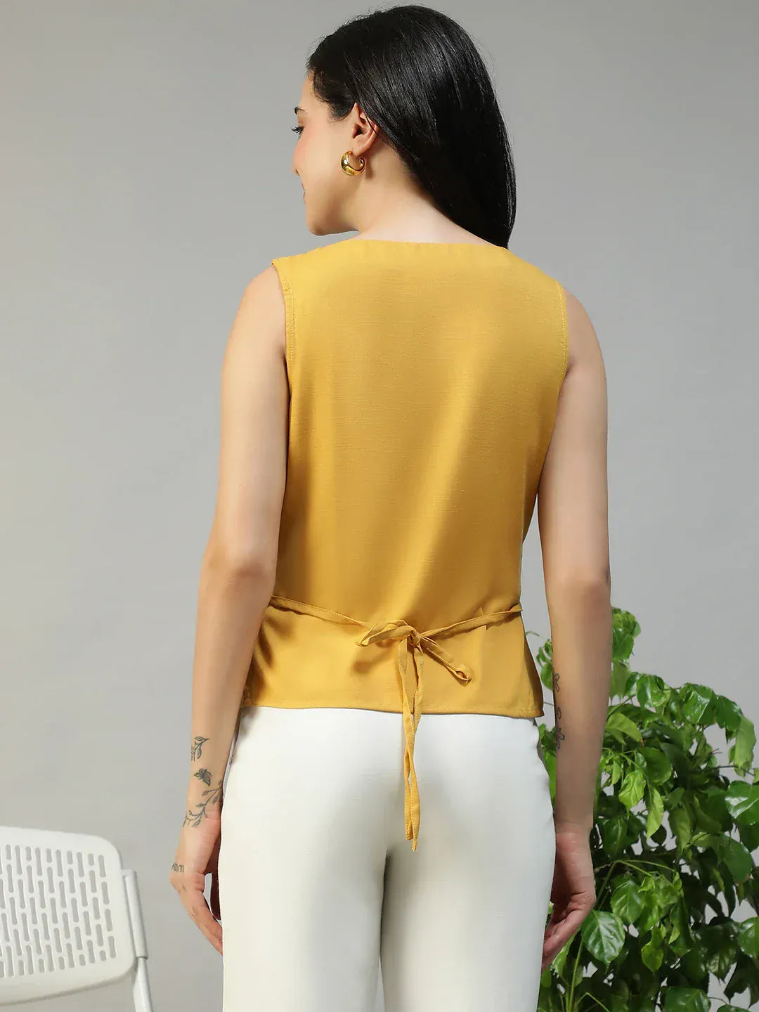 Women Yellow Button Down Sleeveless Top With Back Tie-Up Belt