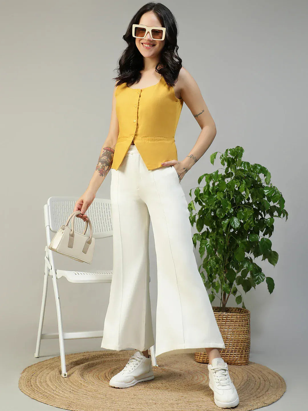 Women Yellow Button Down Sleeveless Top With Back Tie-Up Belt