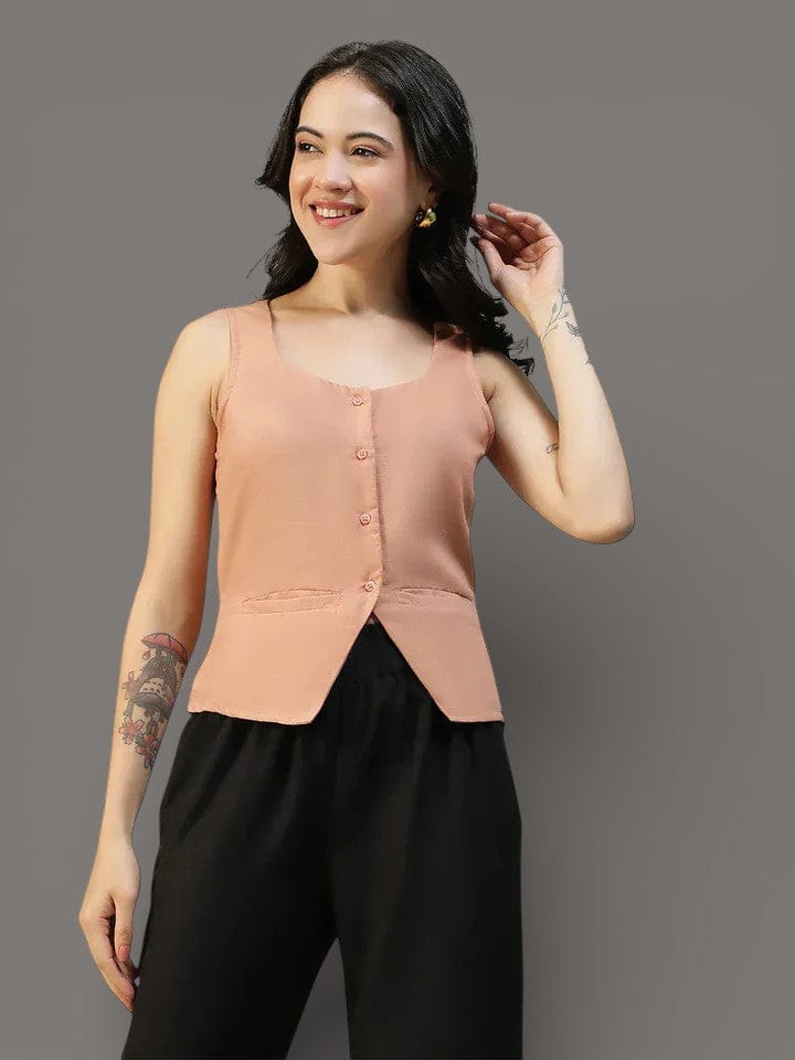 Women Light Brown Button Down Sleeveless Top With Back Tie-Up Belt
