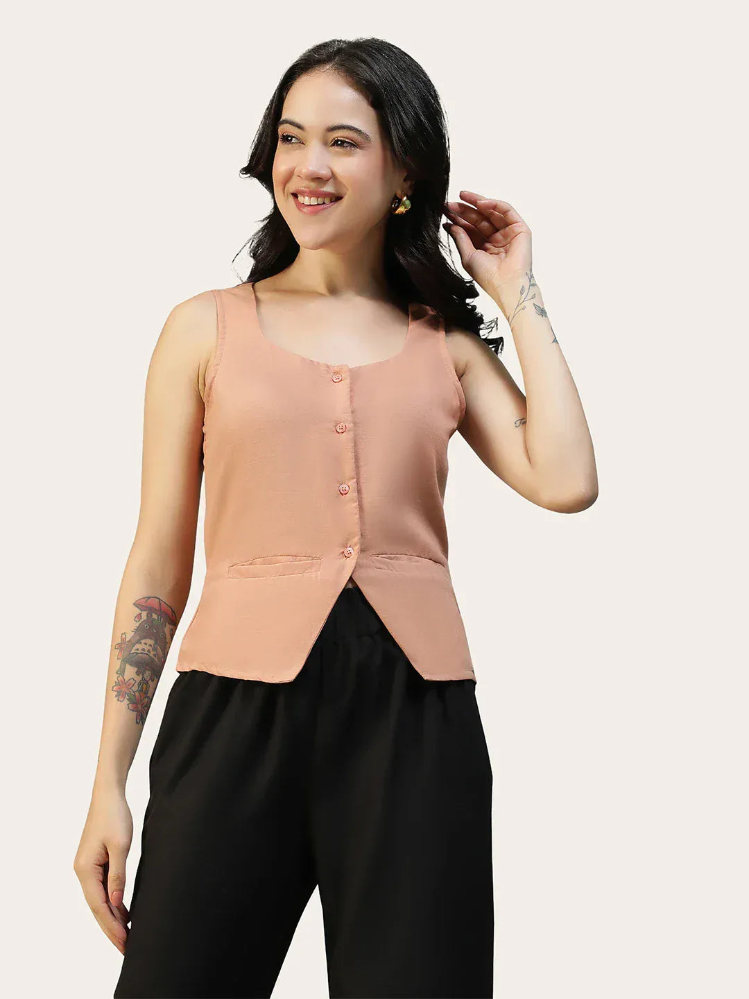 Women Light Brown Button Down Sleeveless Top With Back Tie-Up Belt