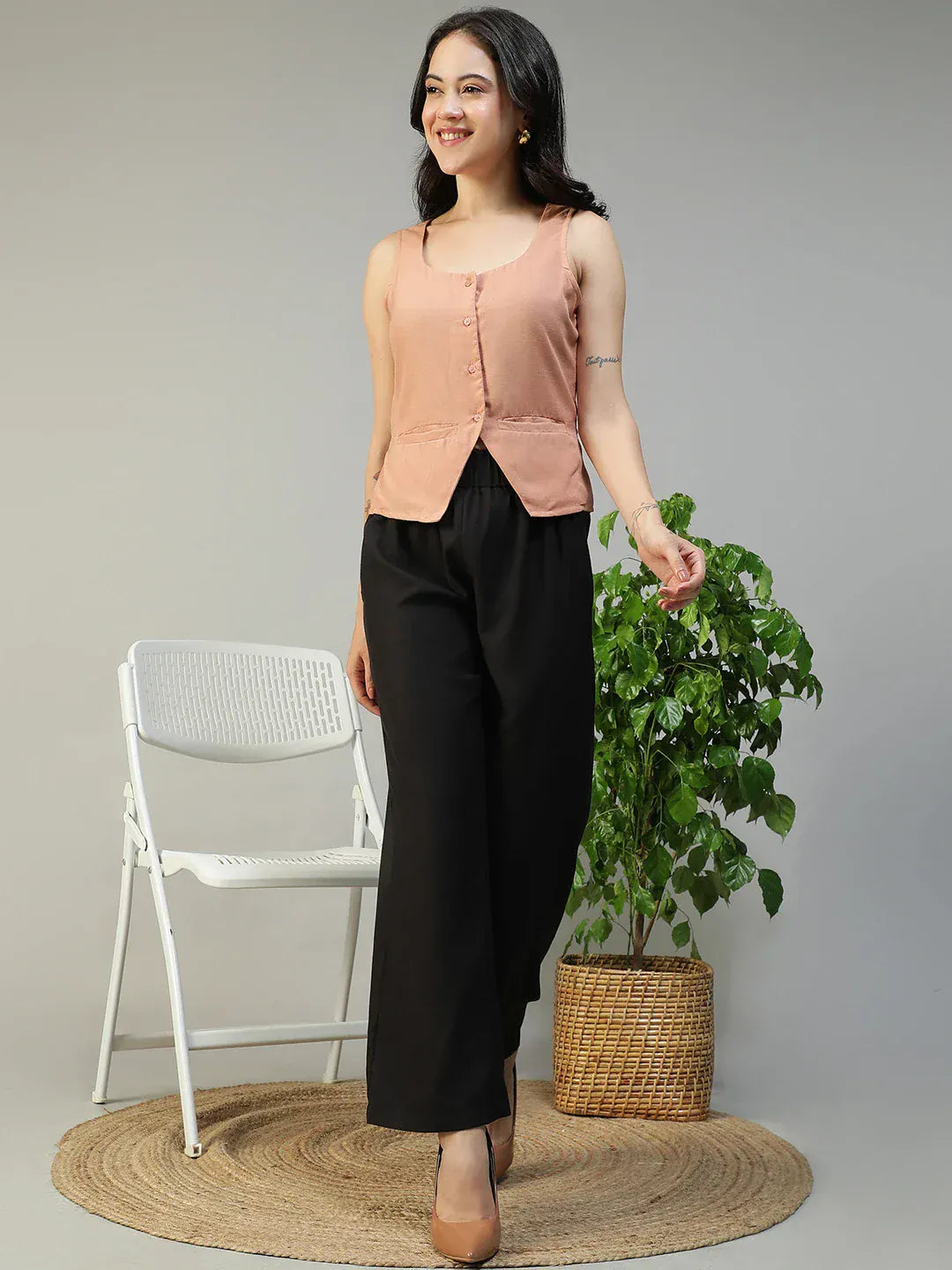 Women Light Brown Button Down Sleeveless Top With Back Tie-Up Belt