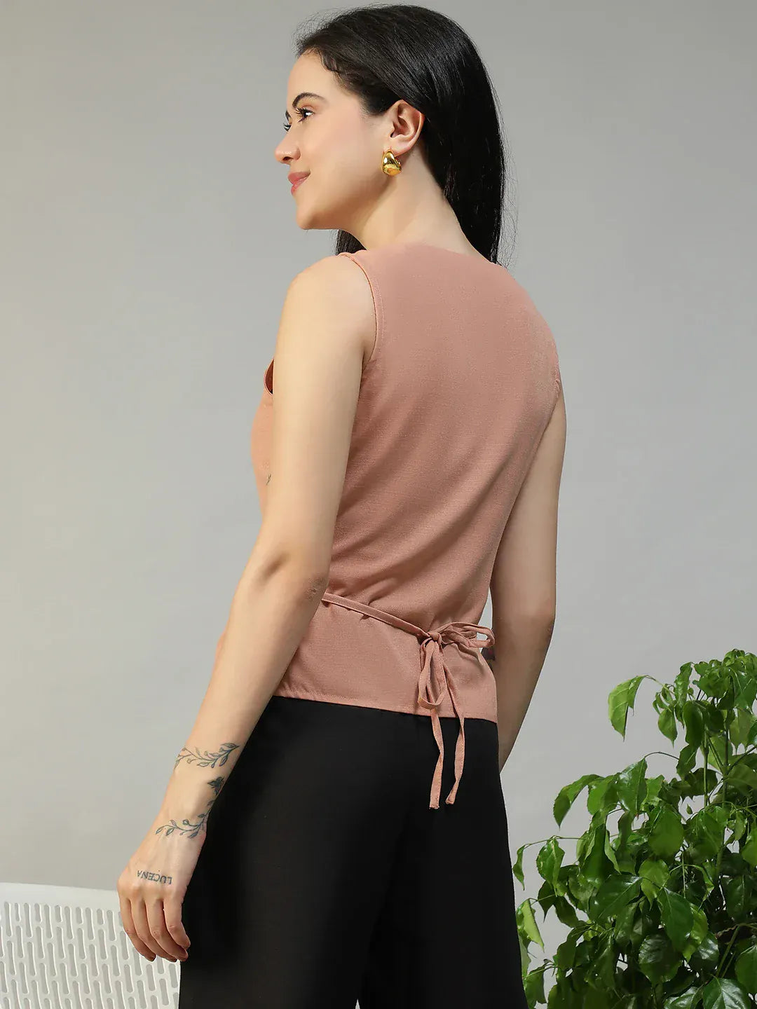 Women Light Brown Button Down Sleeveless Top With Back Tie-Up Belt