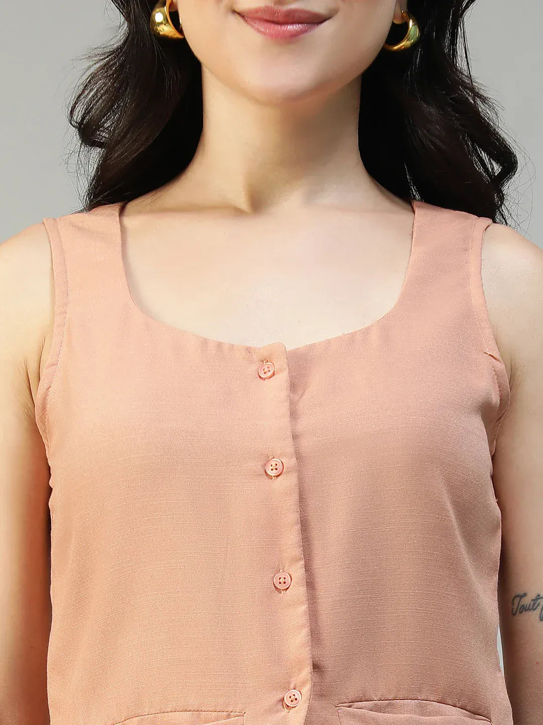 Women Light Brown Button Down Sleeveless Top With Back Tie-Up Belt