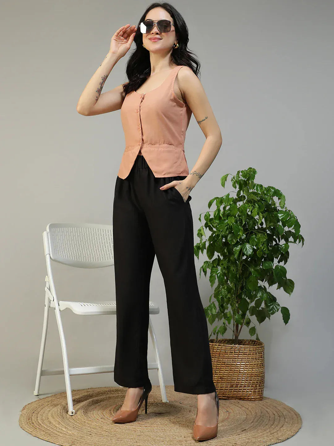 Women Light Brown Button Down Sleeveless Top With Back Tie-Up Belt