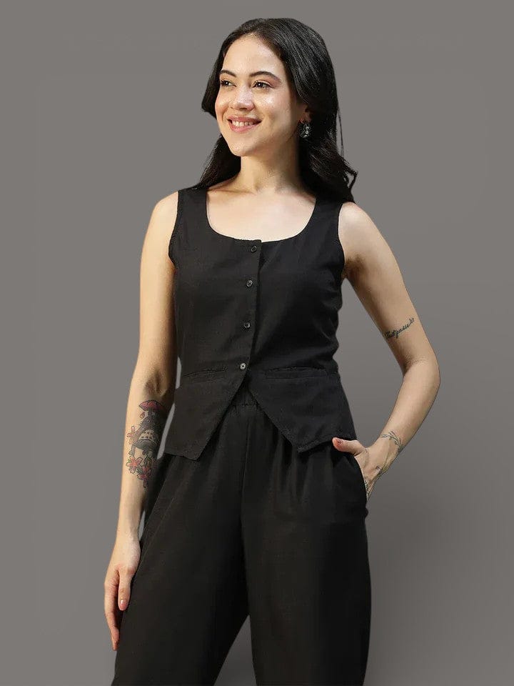 Women Black Button Down Sleeveless Top With Back Tie-Up Belt