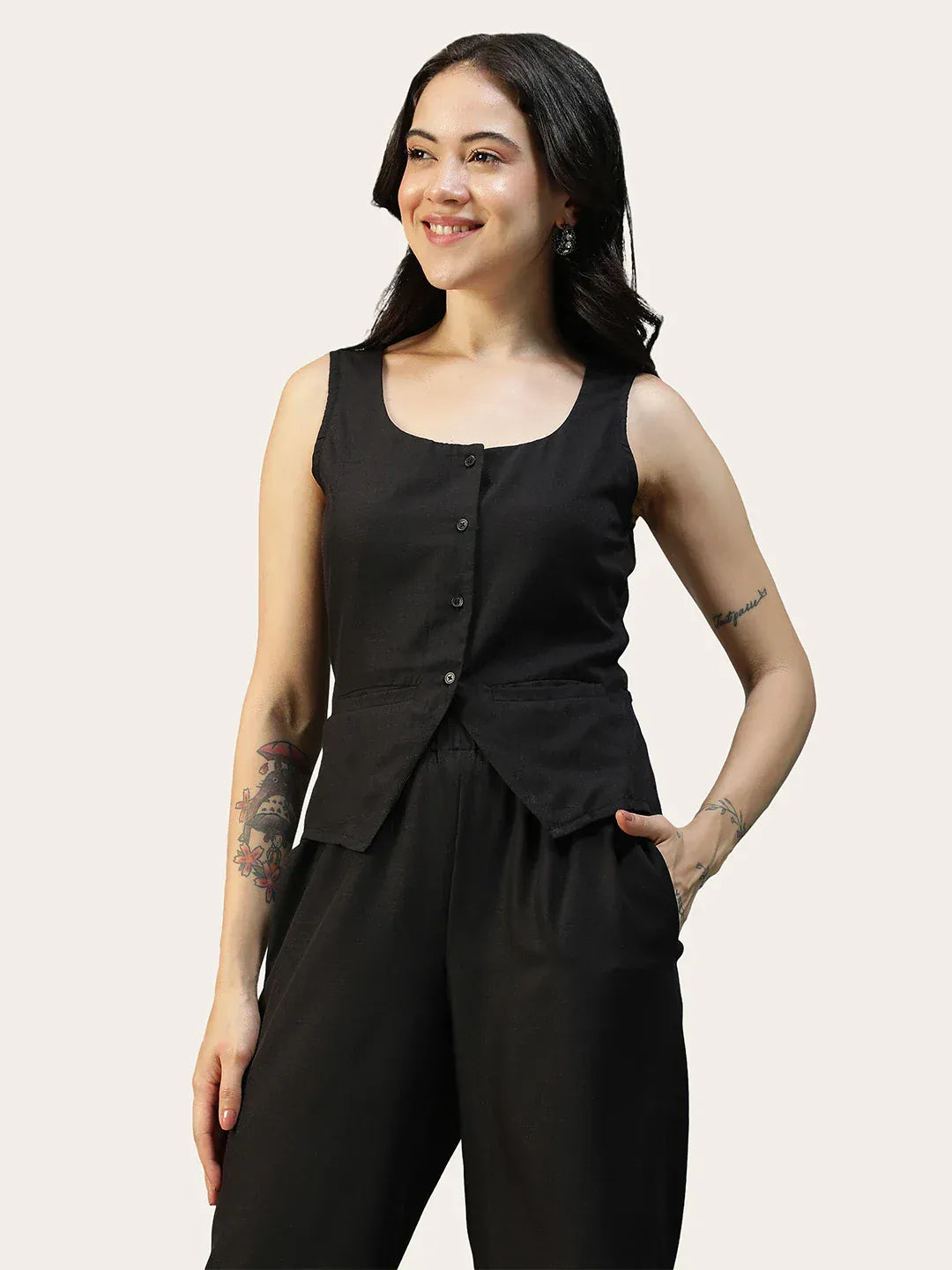 Women Black Button Down Sleeveless Top With Back Tie-Up Belt