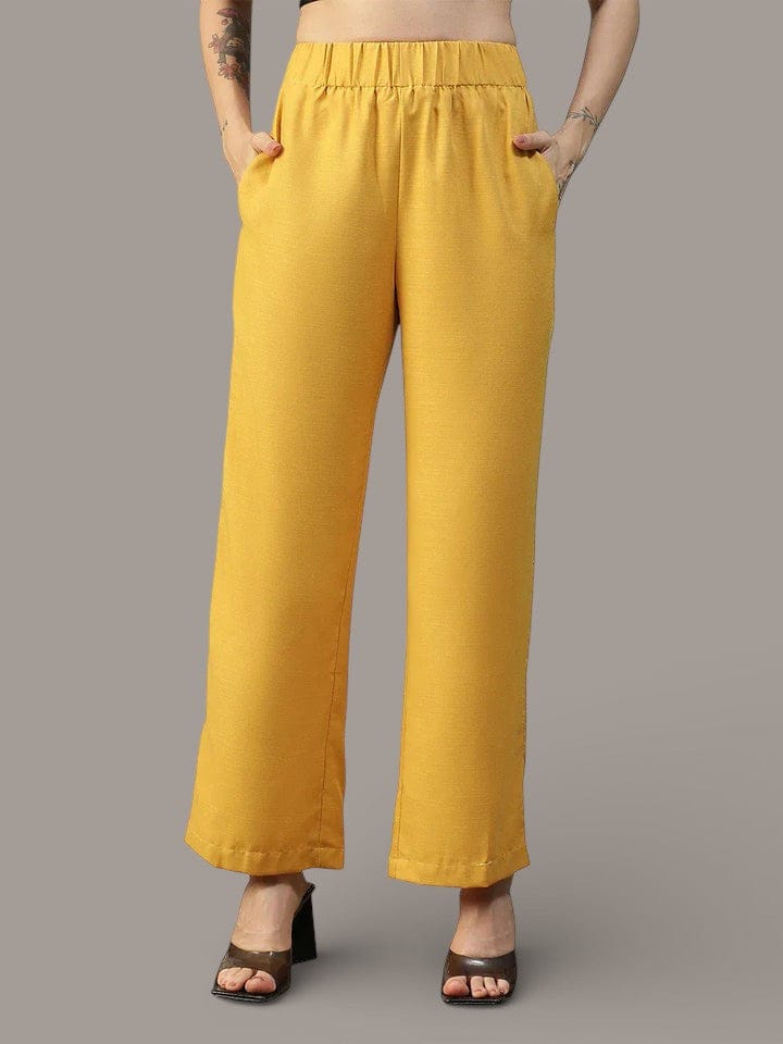 Women Yellow Elasticated Waist Straight Pants with Side Pockets