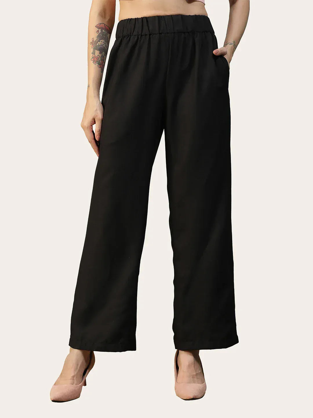 Women Black Straight Pants with Side Pockets