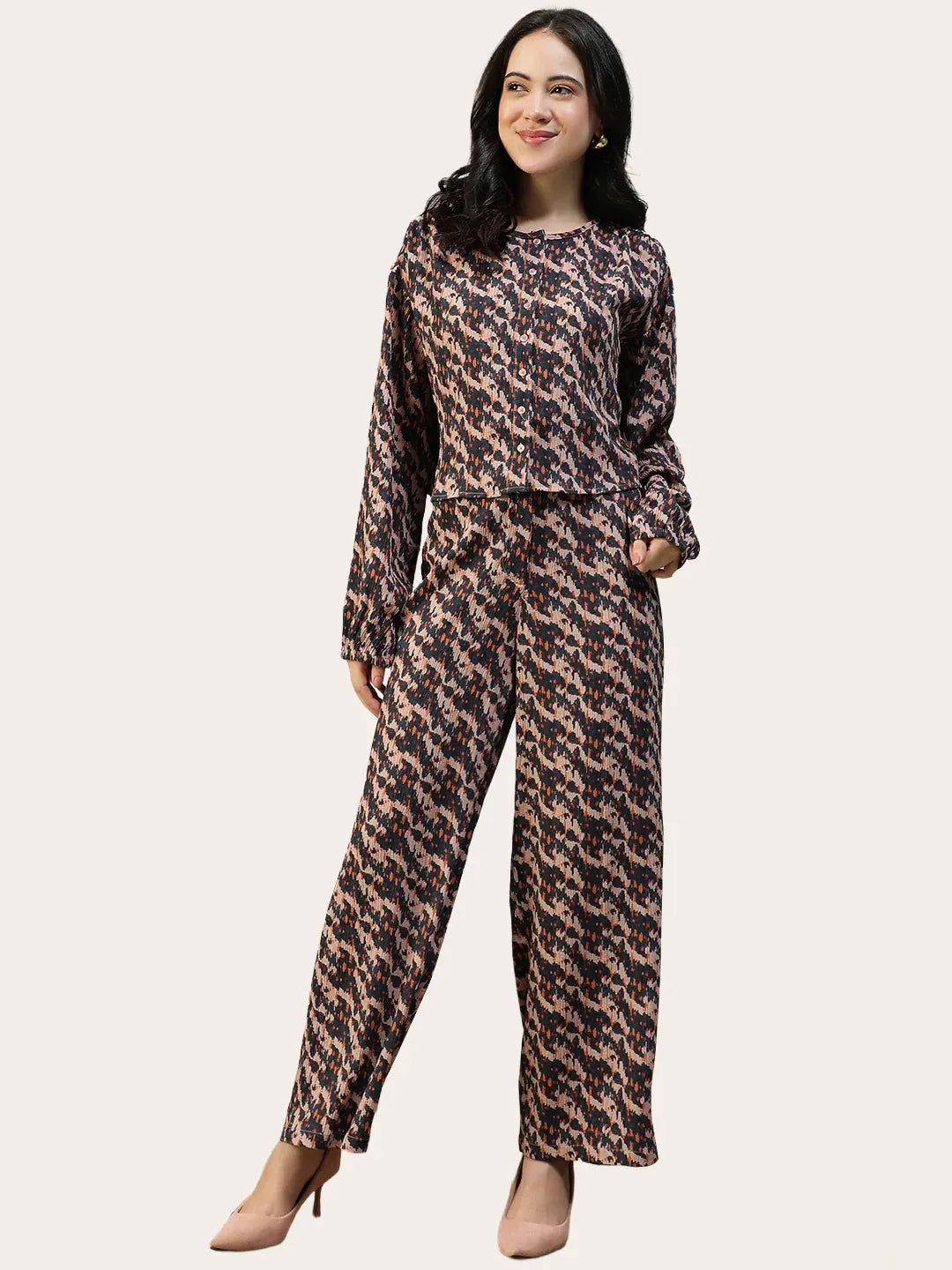 Brown Abstract Print Women Co-Ord Set