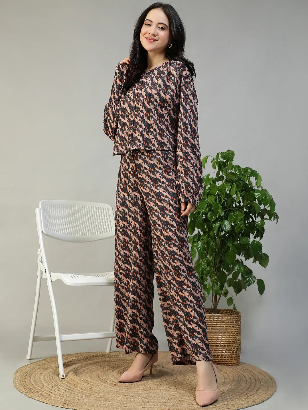 Brown Abstract Print Women Co-Ord Set