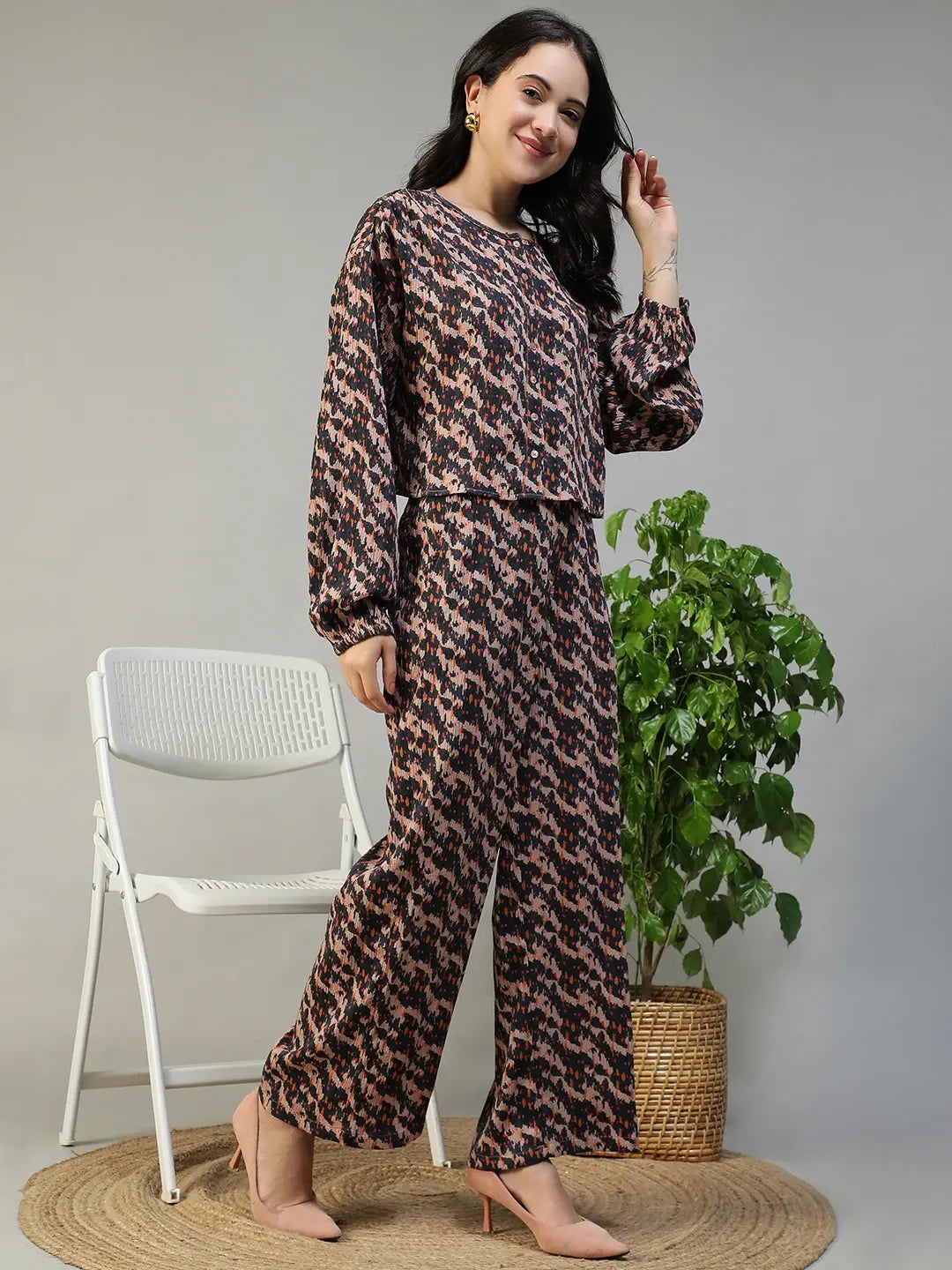 Brown Abstract Print Women Co-Ord Set