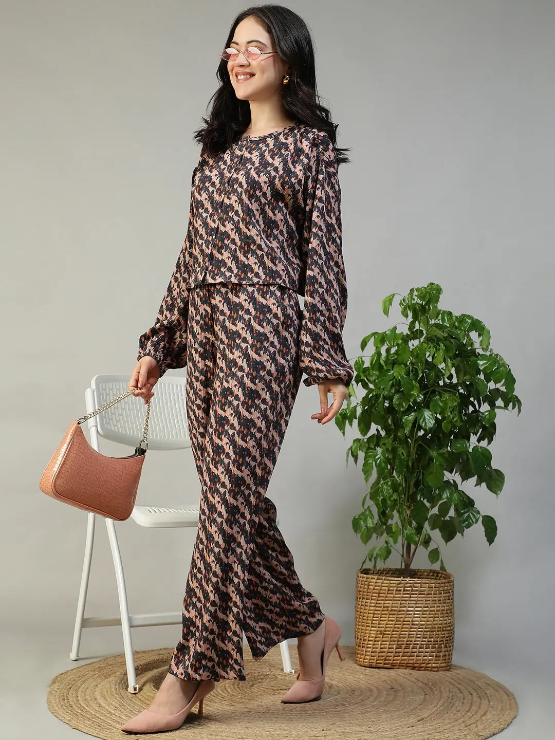 Brown Abstract Print Women Co-Ord Set