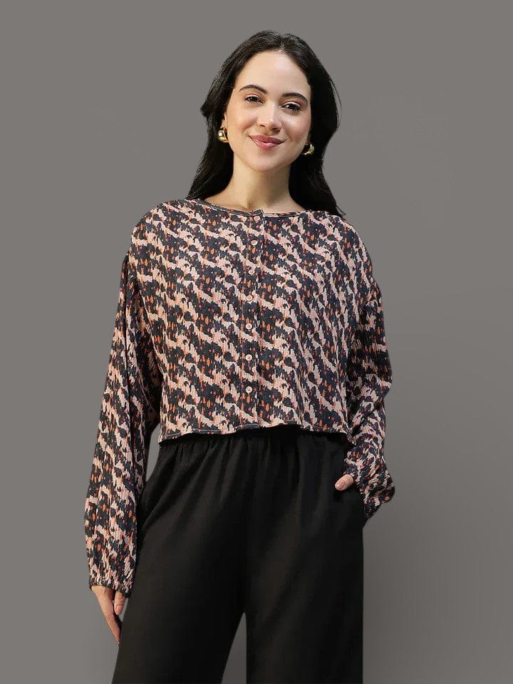 Women Brown Abstract Print Round Neck Long Sleeve Top