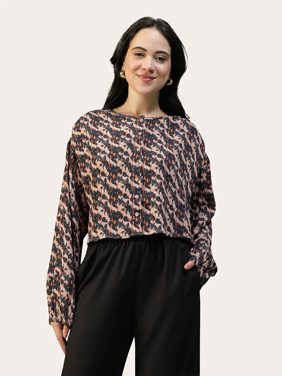 Women Brown Abstract Print Round Neck Long Sleeve Top