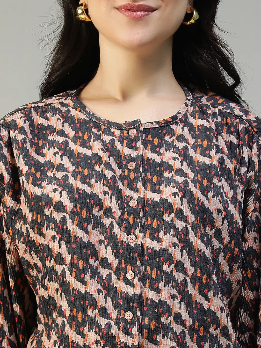 Women Brown Abstract Print Round Neck Long Sleeve Top