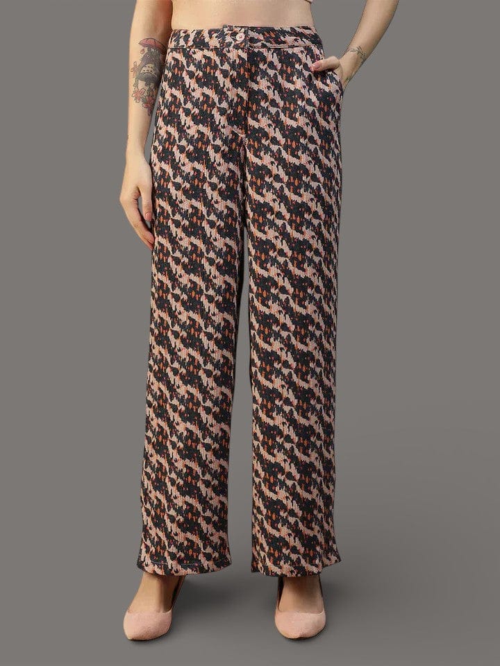 Women Brown Abstract Print Straight Pants with Elastic Waist