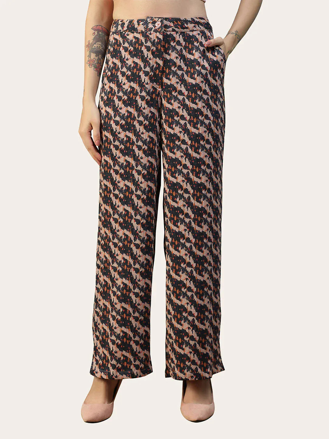 Women Brown Abstract Print Straight Pants with Elastic Waist
