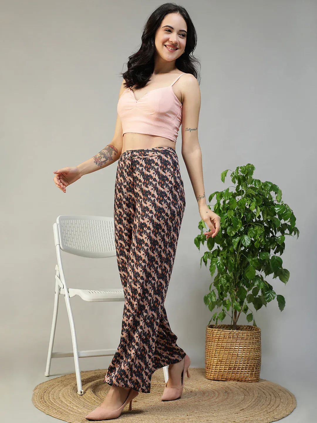 Women Brown Abstract Print Pant