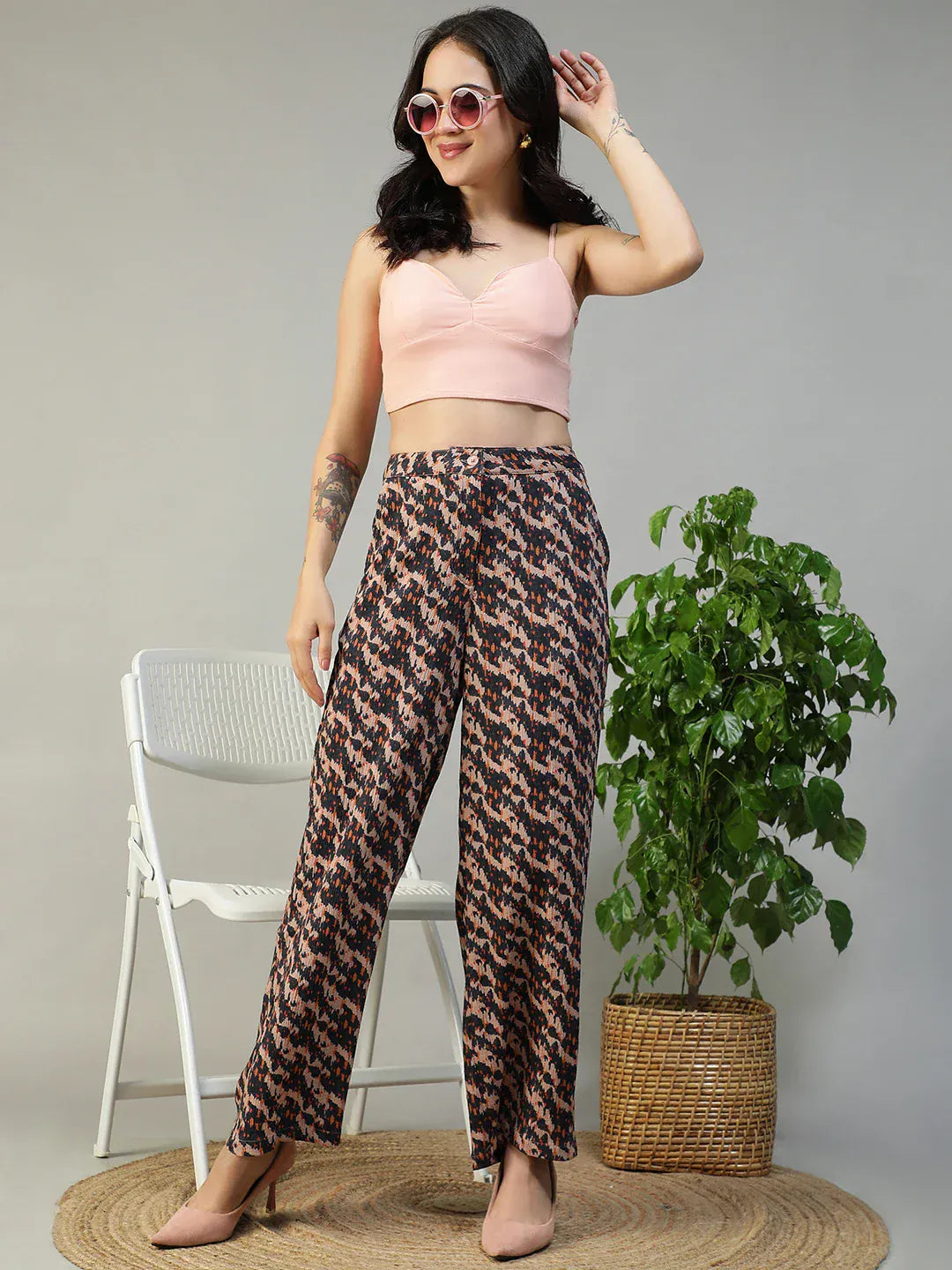 Women Brown Abstract Print Pant
