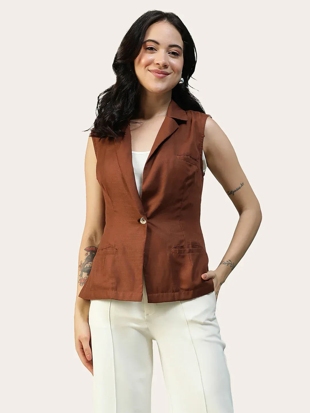Women Brown Sleeveless Blazer with Open Collar & Front Pockets
