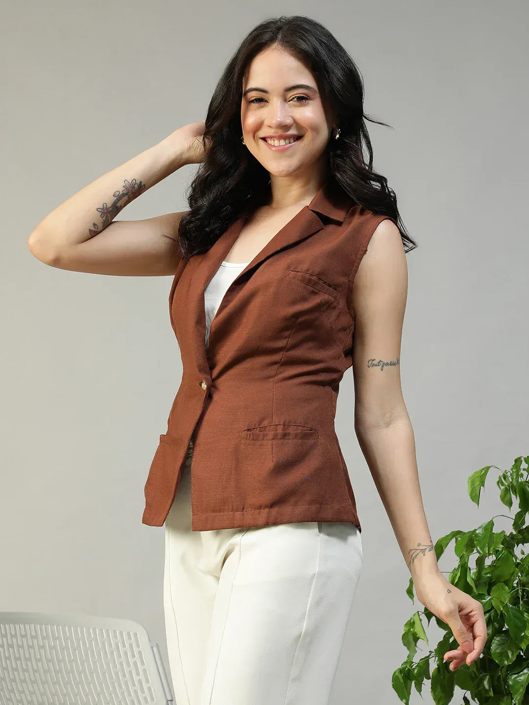 Women Brown Sleeveless Blazer with Open Collar & Front Pockets