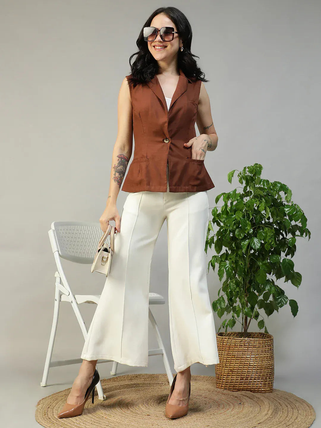 Women Brown Sleeveless Blazer with Open Collar & Front Pockets