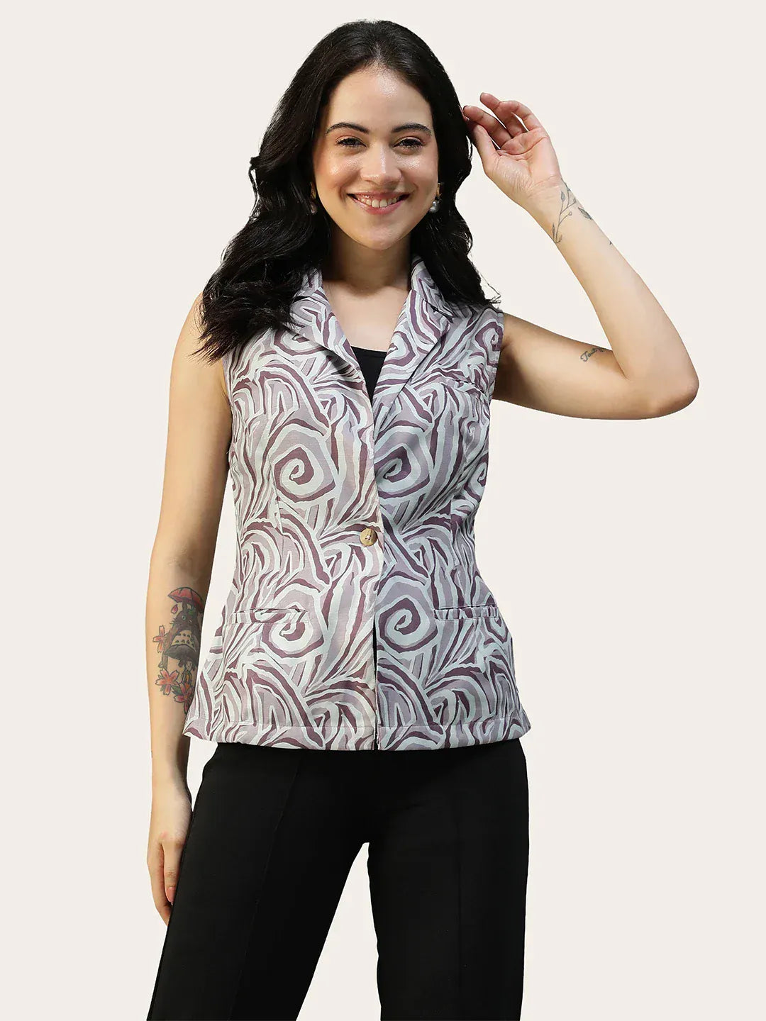 Women Abstract Print Sleeveless Blazer with Open Collar & Pockets