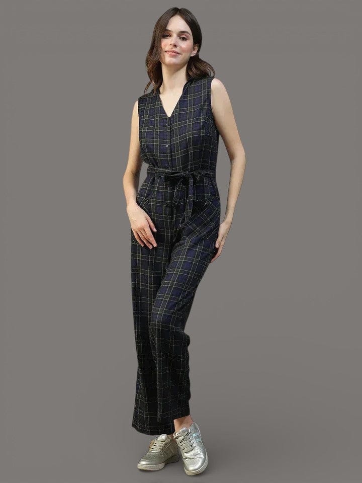 Women Black Check Print Jumpsuit with Belt & Pockets