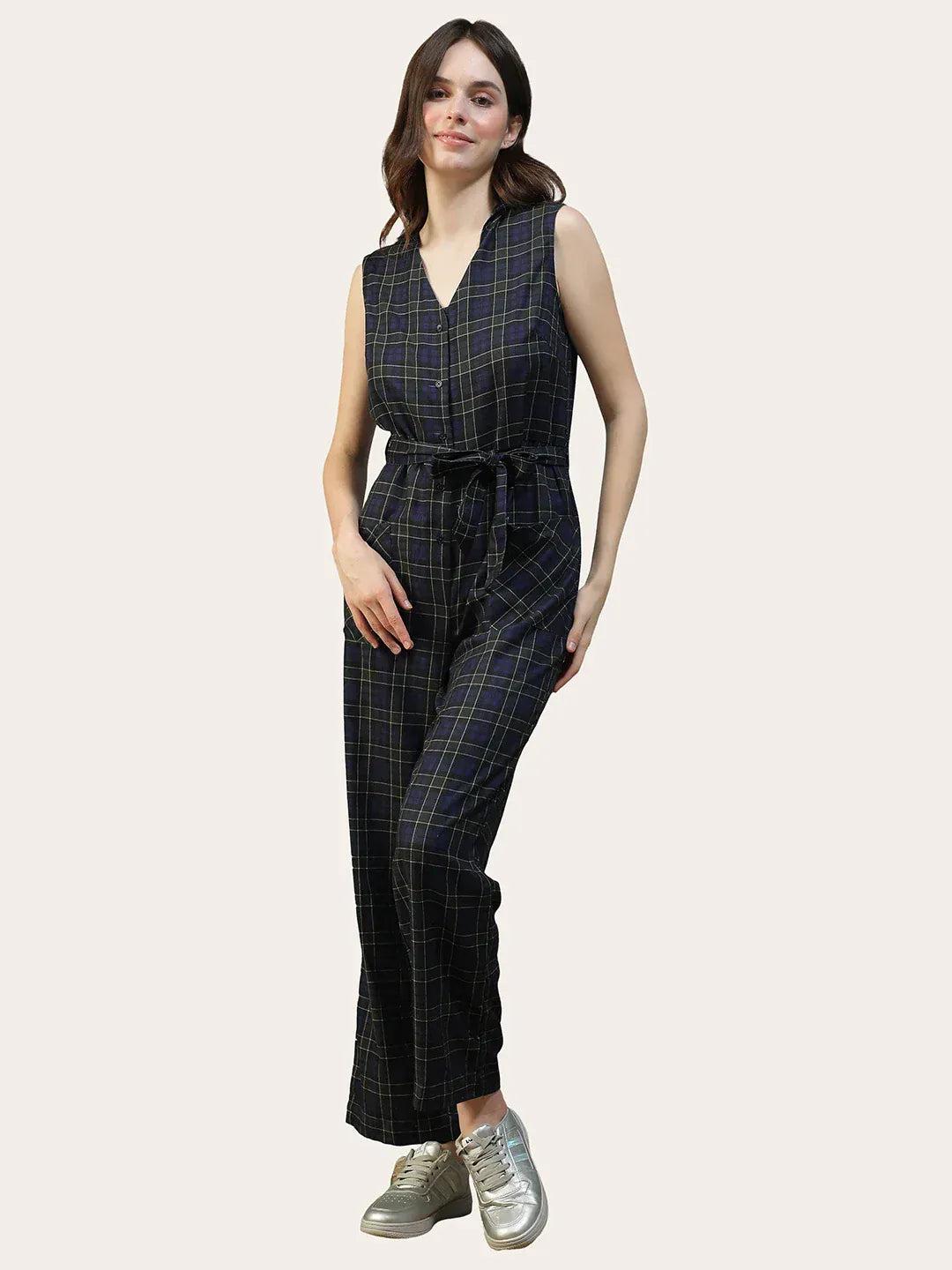 Women Black Check Print Jumpsuit with Belt & Pockets