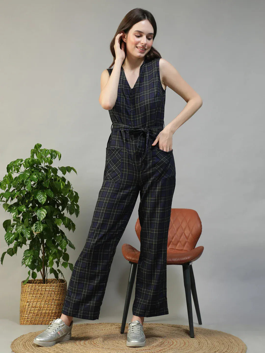 Women Black Check Print Jumpsuit with Belt & Pockets