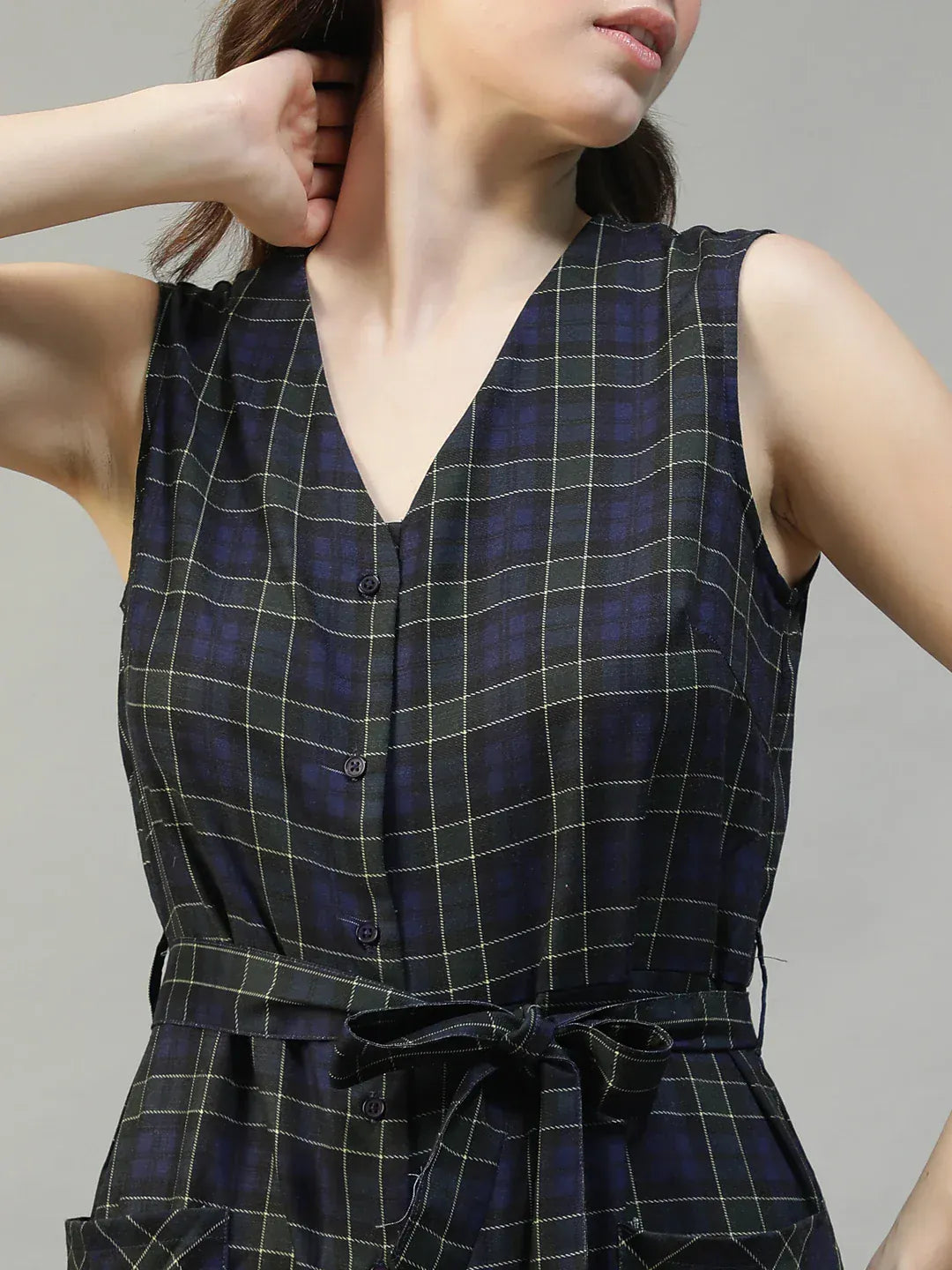 Women Black Check Print Jumpsuit with Belt & Pockets