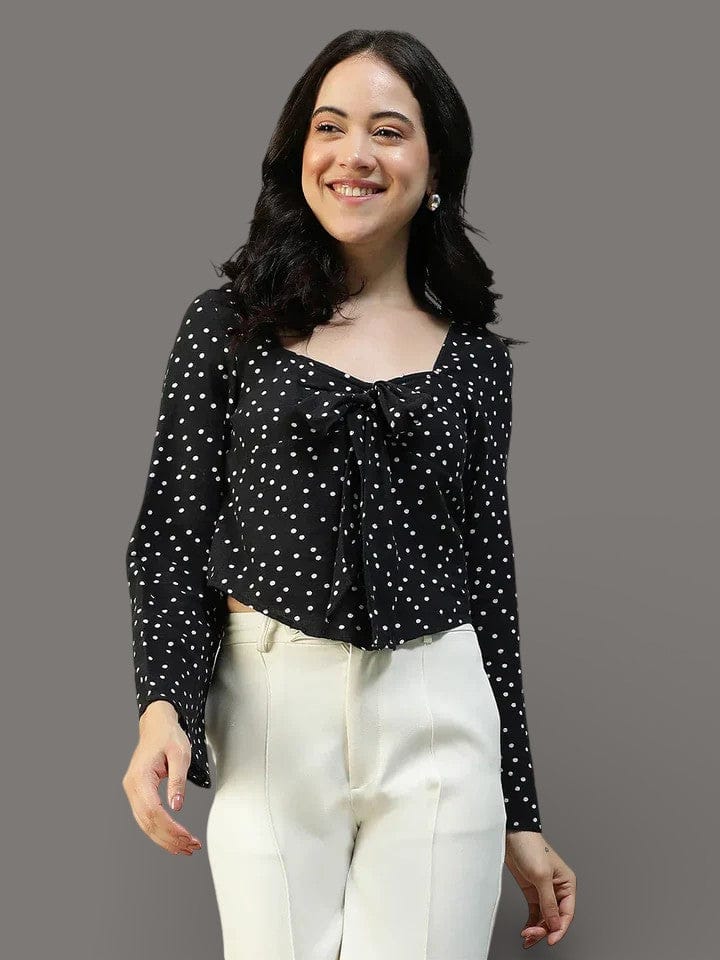 Women Black Dot Print Sweetheart Neck Long Sleeve Cotton Linen Top