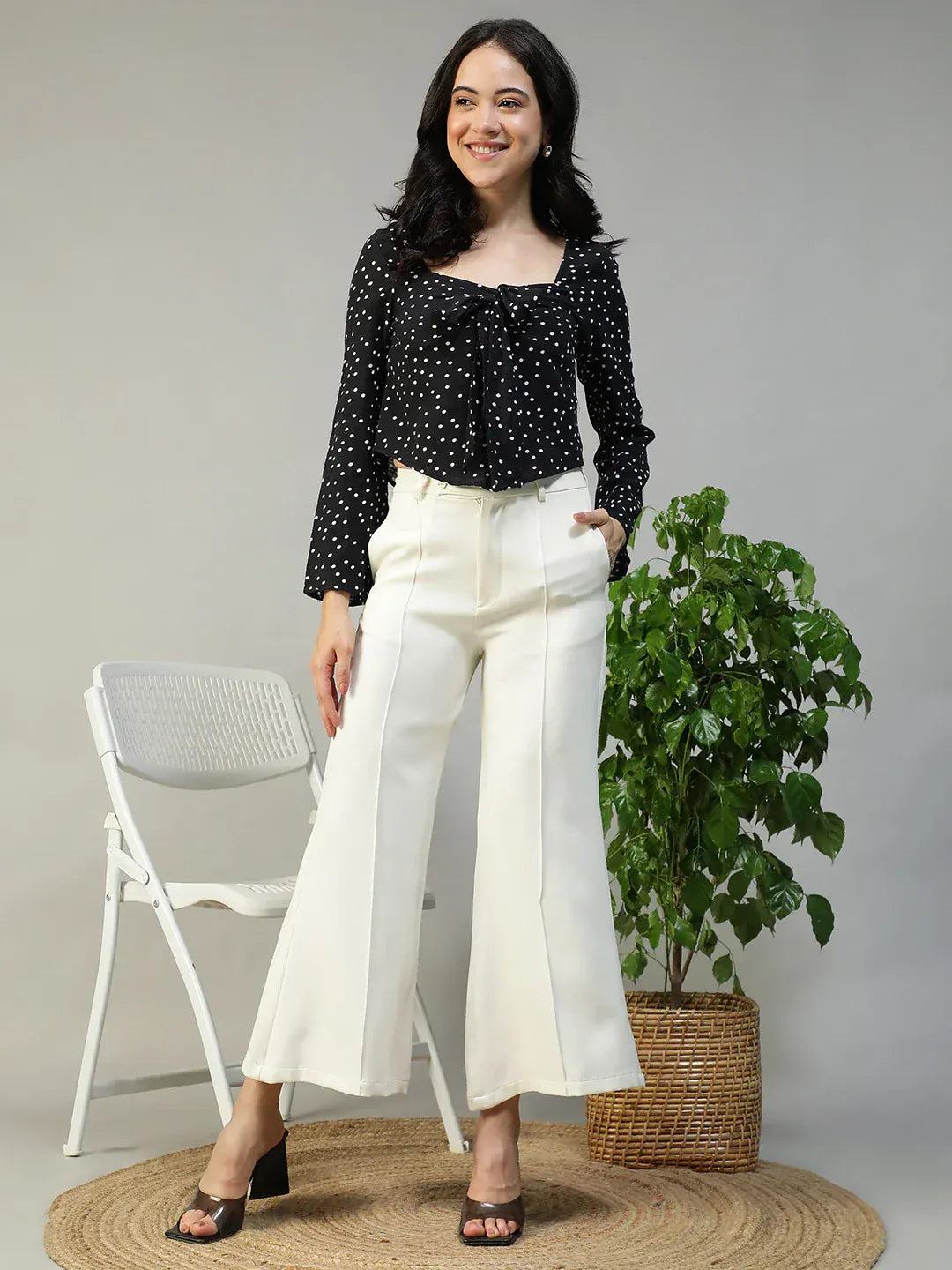 Women Black Dot Print Sweetheart Neck Long Sleeve Cotton Linen Top