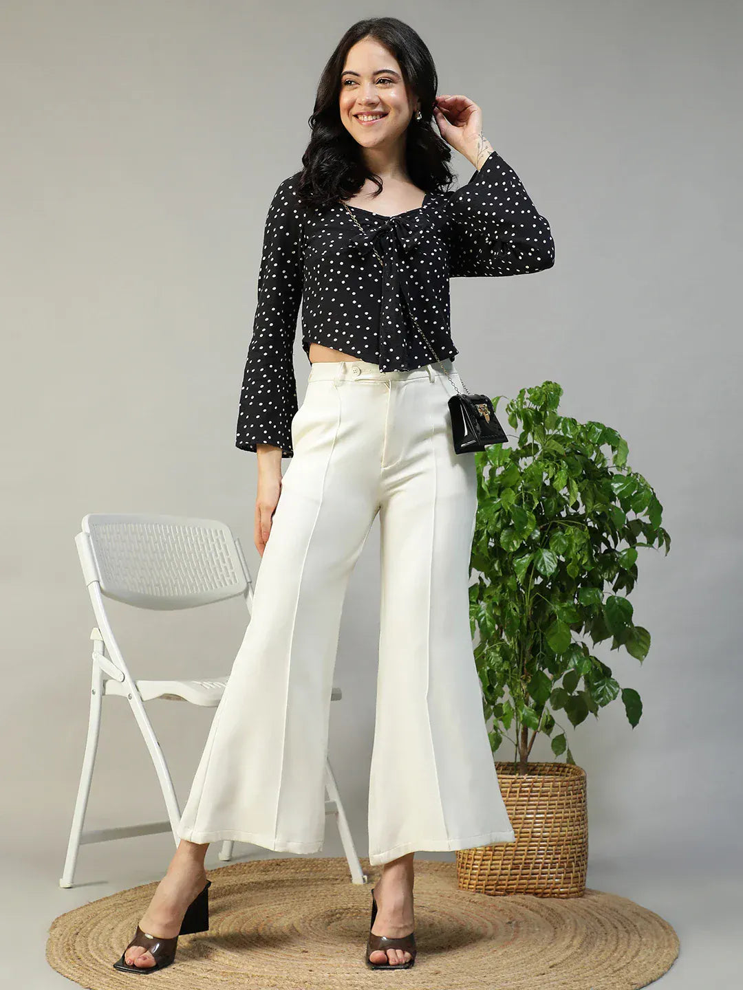 Women Black Dot Print Sweetheart Neck Long Sleeve Cotton Linen Top