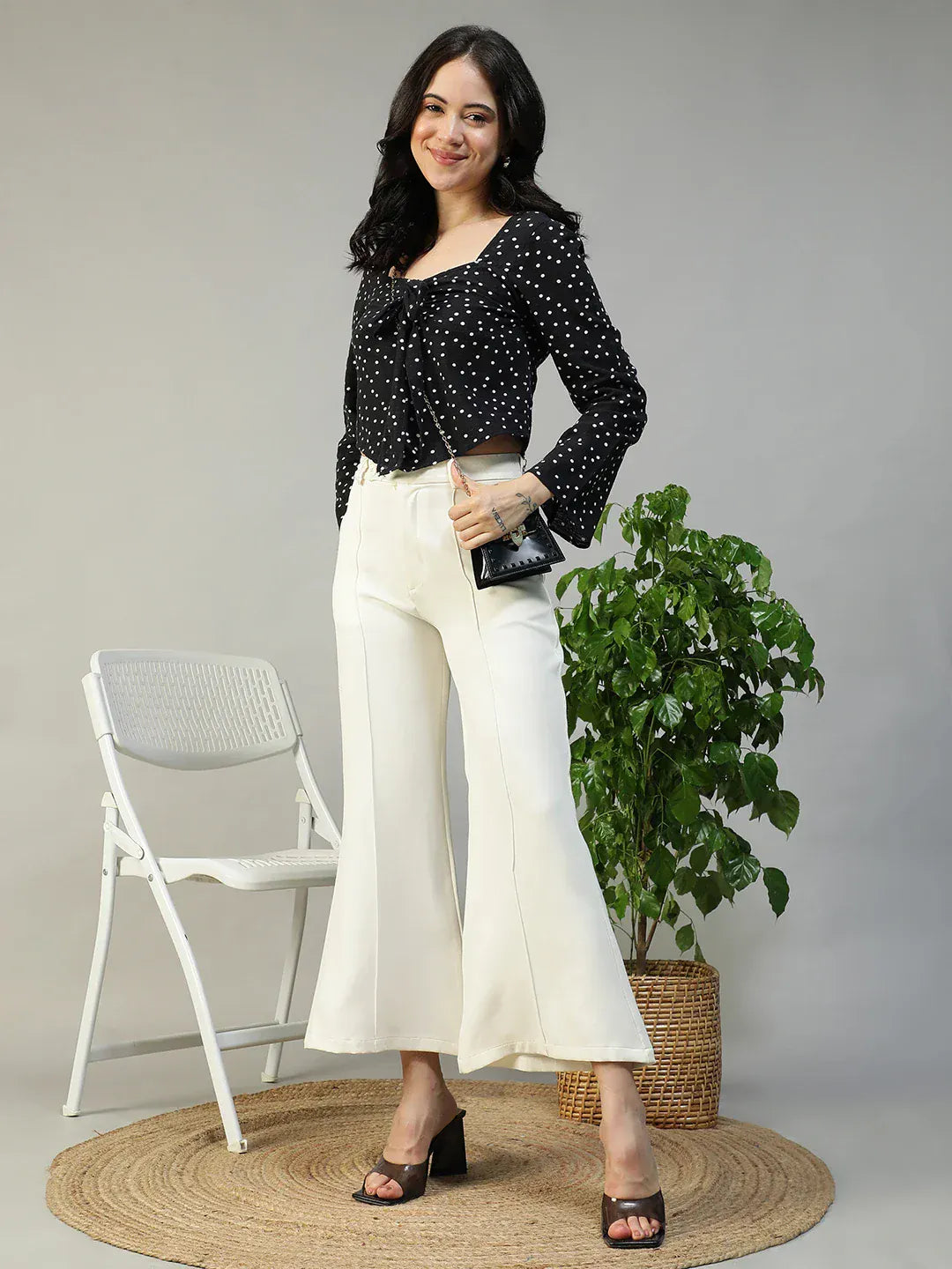 Women Black Dot Print Sweetheart Neck Long Sleeve Cotton Linen Top