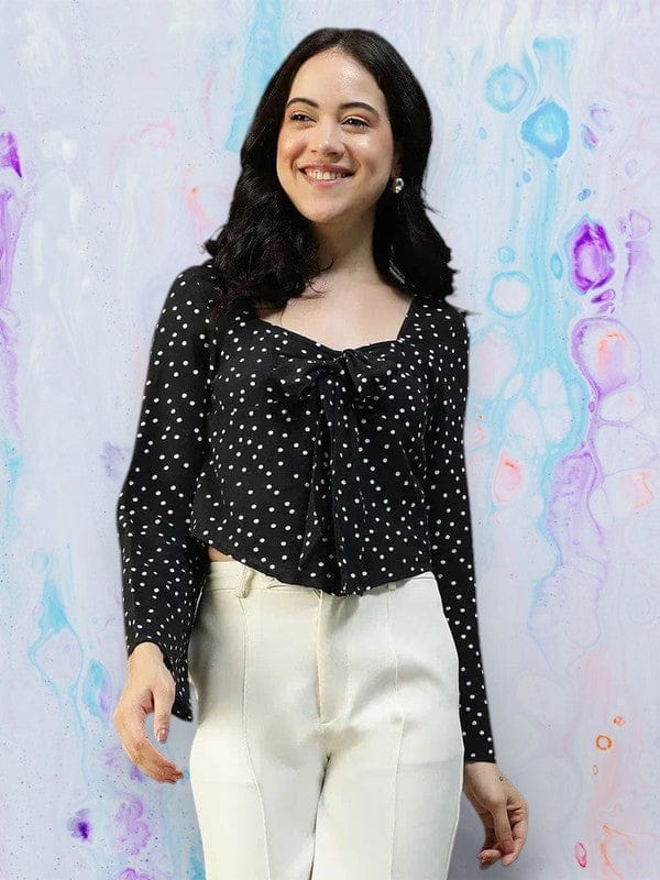Women Black Dot Print Cotton Top