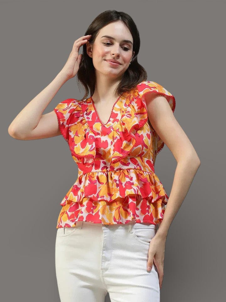 Women Floral Print V-Neck Short Sleeve Peplum Top With Ruffle Detail