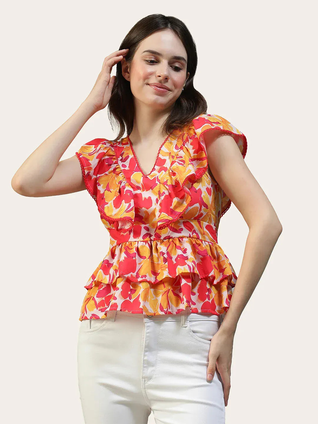Women Floral Print V-Neck Short Sleeve Peplum Top With Ruffle Detail