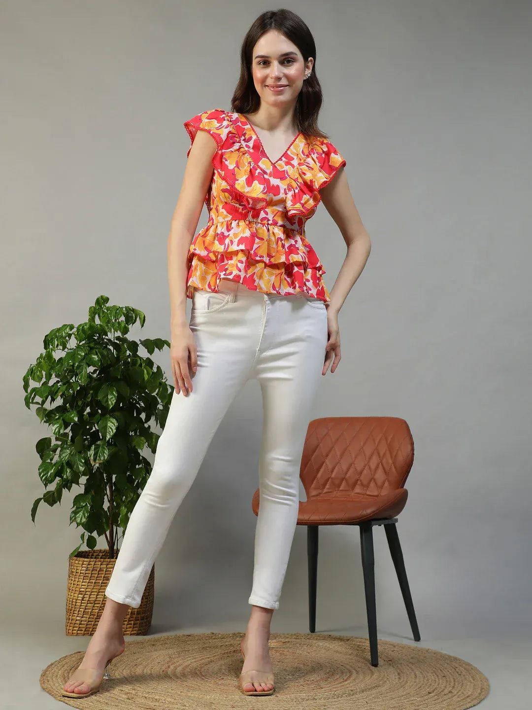 Women Floral Print V-Neck Short Sleeve Peplum Top With Ruffle Detail
