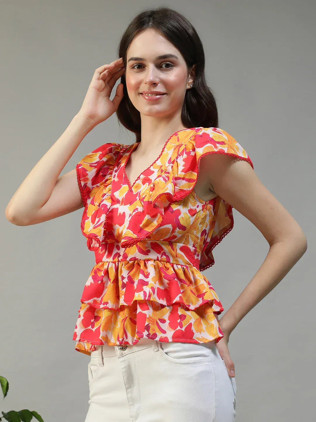 Women Floral Print V-Neck Short Sleeve Peplum Top With Ruffle Detail