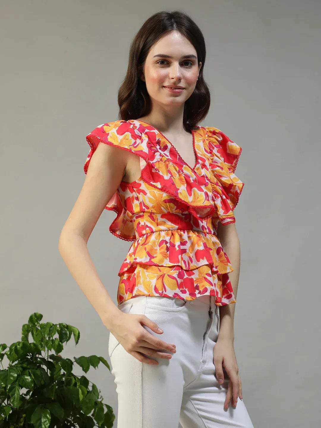 Women Floral Print V-Neck Short Sleeve Peplum Top With Ruffle Detail